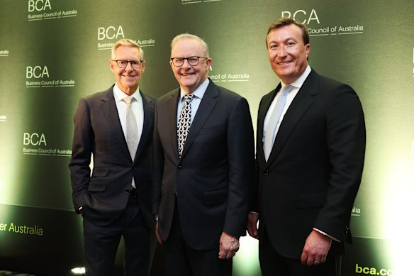 Prime Minister Anthony Albanese with BCA president Geoff Culbert and chief executive Bran Black at the annual Business Council of Australia dinner.