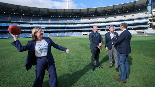 NFL commissioner Roger Goodell (middle right) commended then premier Jacinta Allan (left) for convincing him to hold Australia’s first in-season NFL game in Melbourne.