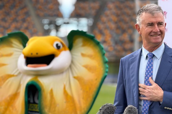 Queensland Minister for Sport Tim Mander (with Australian Paralympic mascot Lizzie) at QSAC on Monday, marking six years to go until the Paralympic Games.