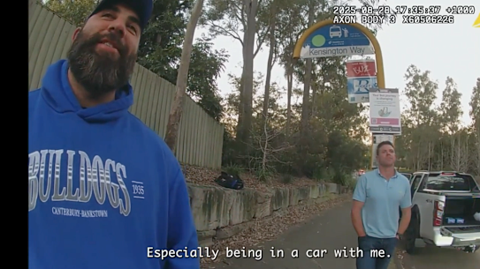 William Samra and BMD human resources and industrial relations manager Steve Thomas as seen in police body-worn footage during a traffic stop in August 2025.