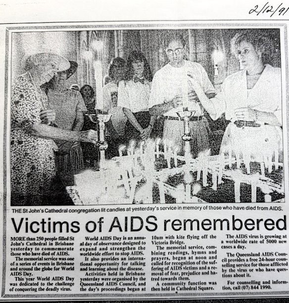 Felicity Young and husband Graham Neilsen pictured in a newspaper article for World AIDS Day in 1991.