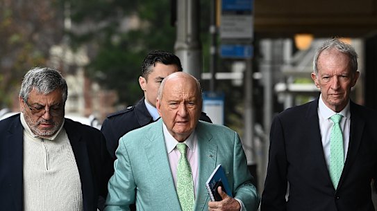 Alan Jones arrives at the Downing Centre Local Court on Monday.