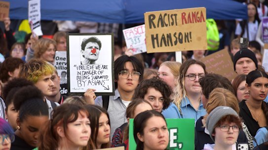 Protest against Pauline Hanson and One Nation in Perth on August 13, 2026. 