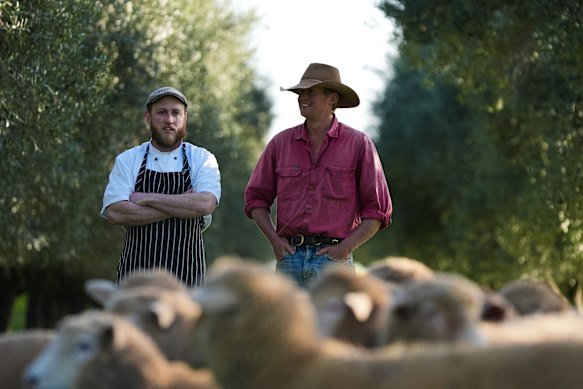 Max and Wal at the latter’s property. “We were two blokes of the same age from completely opposite ends of the supply chain – me livestock, him production – who knew we could build some sort of paddock-to-plate story,” says Wal.