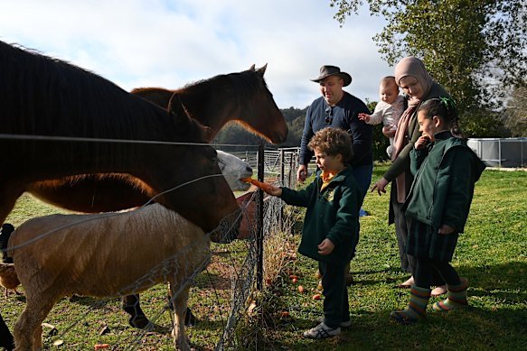 Omar Kowaider and his wife Joanne feed the family pets with their children Hakeem (front left), Hannah and Leila (right) on their property in Young.