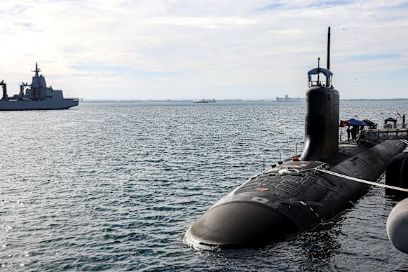 A Virginia-class submarine, the USS Minnesota, docked at HMAS Stirling in Rockingham, Western Australia, in February 2025.