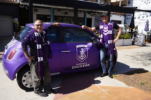 This Dockers inspired Fiat is often parked at the South Freo Continental and last week, owner Carlo Noto and long-time friend and deputy mayor of Fremantle Fedele Kamada drove it to Optus Stadium to watch Freo play.