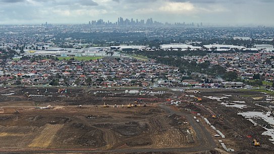 An aerial view of the land / site for the proposed data centre at the old Ford Broadmeadows Assembly Plant in Campbellfield. 5th of August 2026, The Age news Picture by JOE ARMAO