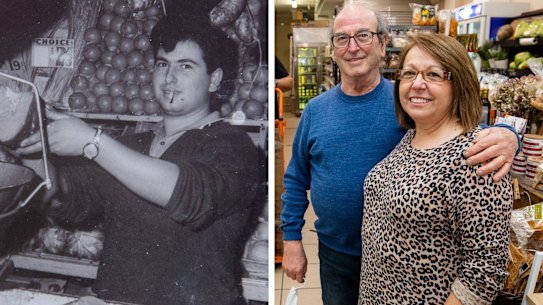Joe Panetta with wife Maria at  Papa Joe’s deli. After a remarkable 57 years, Joe Panetta is retiring after selling his deli/fruit shop/supermarket in Balmain. He and wife Maria, who cooks Italian take-home meals and cakes in the kitchenette out back, plan to take it easy. composite - The shop has been sold. They live upstairs with Joe working for 12 hours a day, sometimes seven days a week, though he’s been taking every second weekend off since daughter Luisa started helping out. Joe is an icon in Balmain who has seen it go from a rough industrial and wharfie suburb to where it is now. 10th Sept 2021. Photo: Edwina Pickles / SMH

