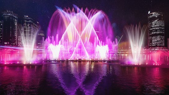 A mock-up of the Bright Nights fountain on the Brisbane River at South Bank for Brisbane Festival 2026.
