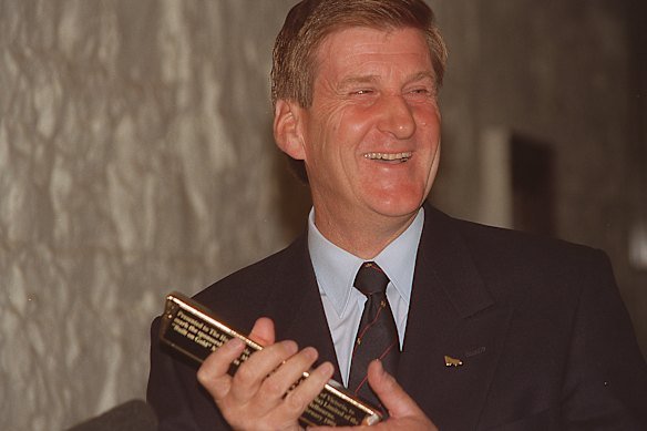 Kennett with a replica gold bar signifying Sir Evelyn de Rothschild’s sponsorship of the planned gold museum at the Old Treasury Building.