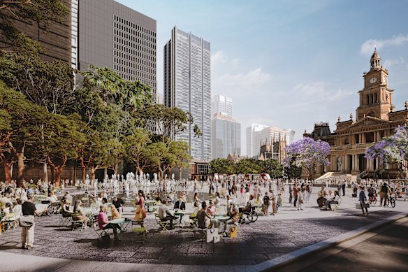 The designs include a curved grove of native trees and water fountains to cool the square.