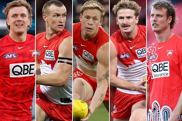 The five Sydney Swans players stood down over the alleged sexual assault investigation.