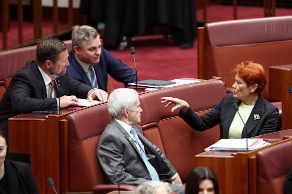 Senator Pauline Hanson with her One Nation colleagues, senators Malcolm Roberts, Tyron Whitten and Sean Bell.