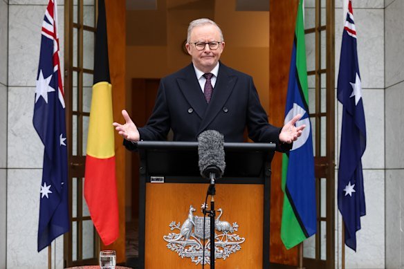 Anthony Albanese at a press conference in Canberra on Friday morning.