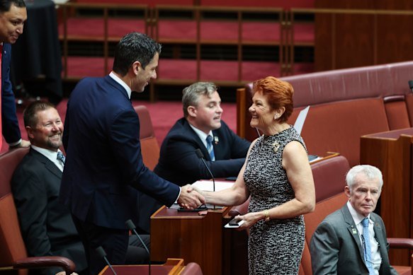 Senator Alex Antic shakes hands with One Nation leader Senator Pauline Hanson in the Senate at Parliament House in Canberra in March.