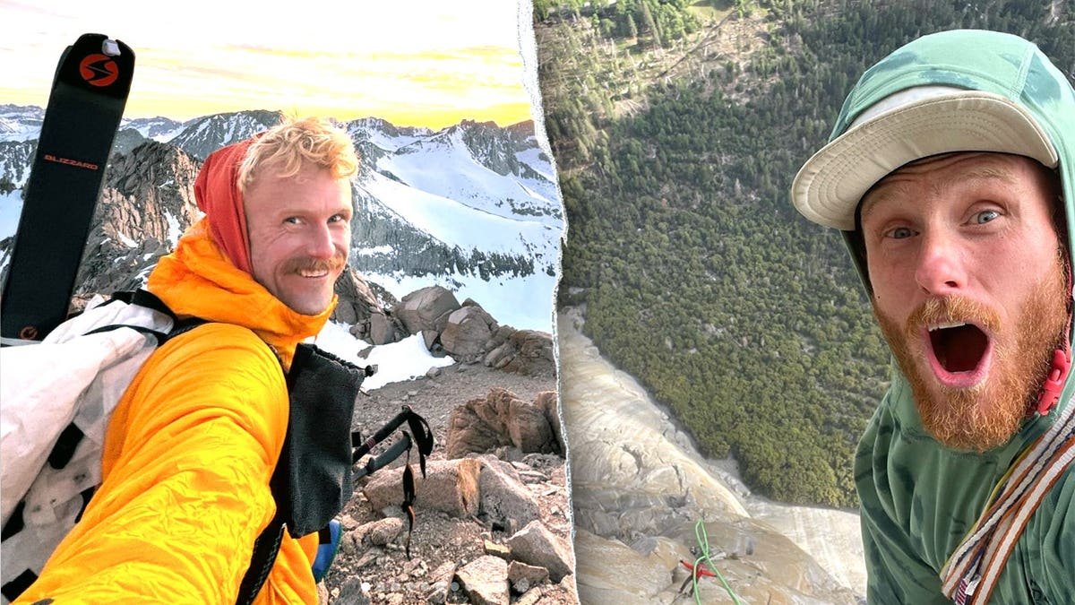 Two images of Jake while hiking on mountains