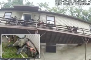 Harrowing video shows US Marshals plunge several feet when deck collapses at home of convicted sex offender Harrowing video shows US Marshals plunge several feet when deck collapses at home of convicted sex offender