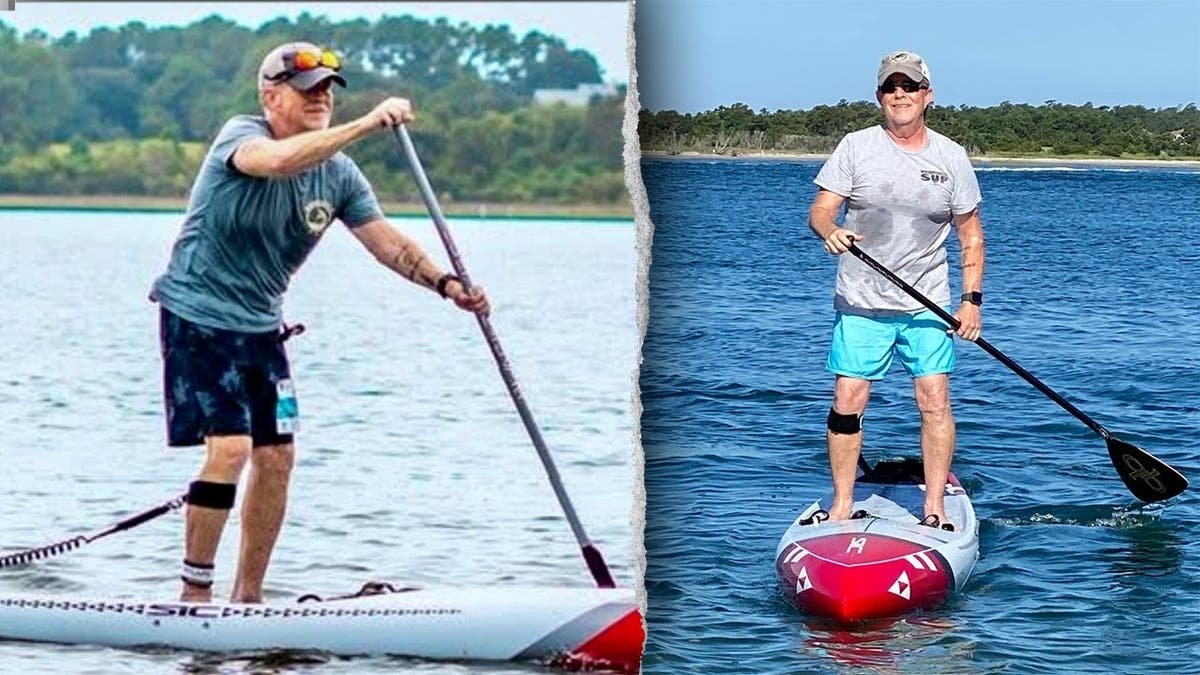 split image shows two photos of Willetts on a paddleboard.