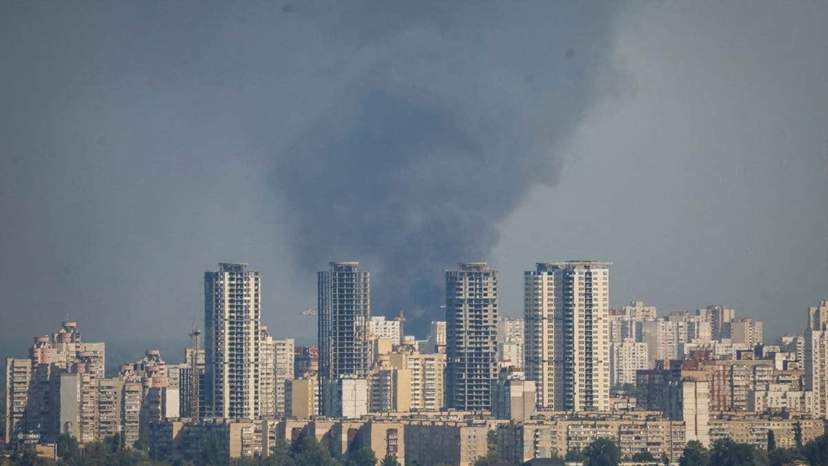 Smoke rises in Kyiv during a Russian drone strike