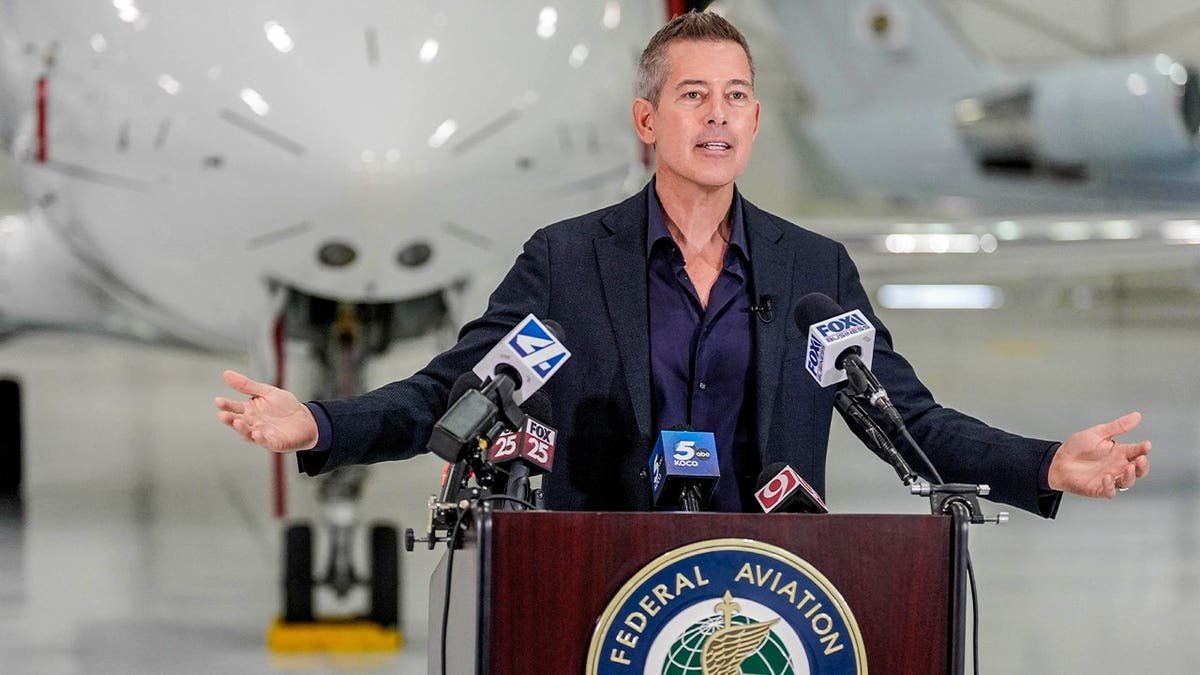U.S. Transportation Secretary Sean P. Duffy speaks after a visit to the Federal Aviation Administration’s (FAA) Air Traffic Control Academy in Oklahoma City where he toured the training center and met with instructors and Air Traffic controller students on Thursday, Feb. 27, 2025.