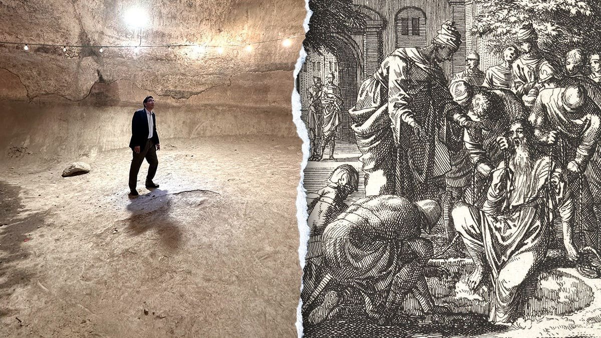 Dinesh standing in Israel next to depiction of Jeremiah