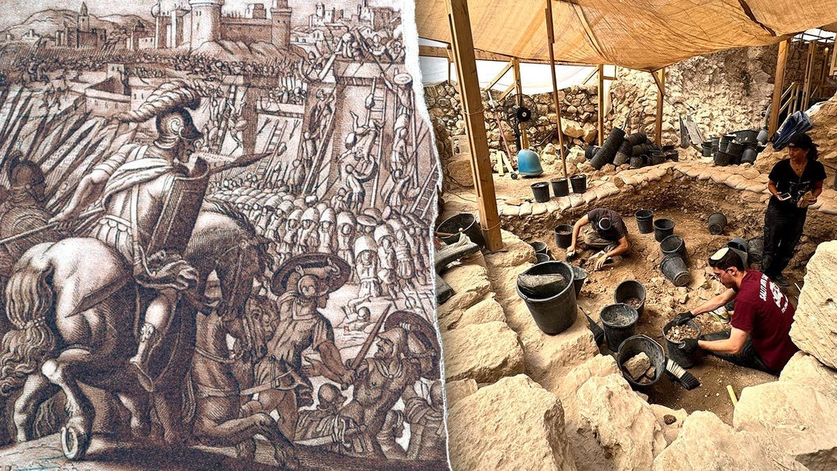 Split image of Solomon's Temple destruction painting, excavators working at site