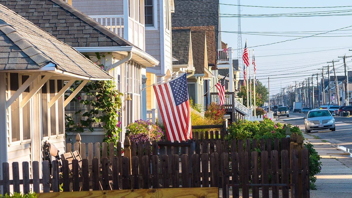 View of houses in Manasquan with American flags