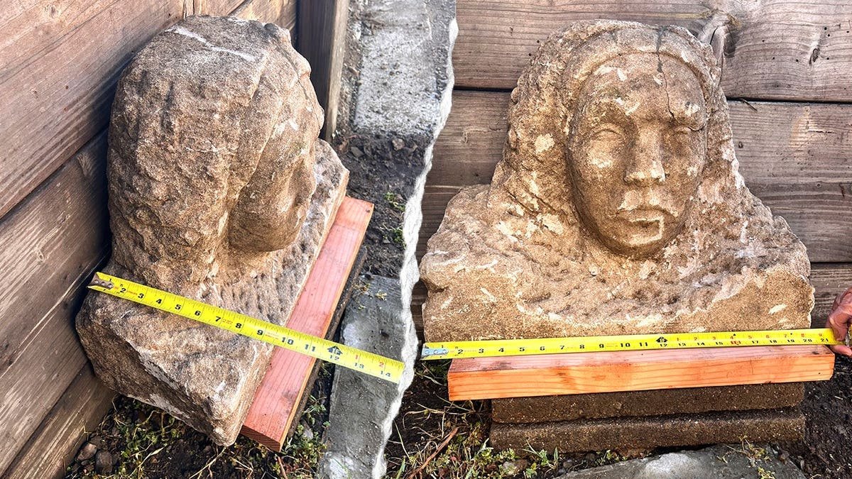 Split image of couple measuring width, length of statue