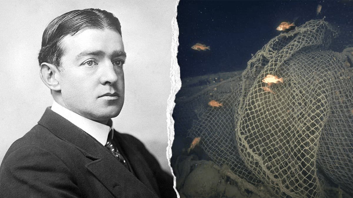 Split image of Shackleton portrait, photo of Quest under water