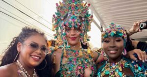 Rihanna Stuns in Barely-There Carnival Costume With Jewels, Feathers and Body Cutouts Rihanna Stuns in Barely-There Carnival Costume With Jewels, Feathers and Body Cutouts