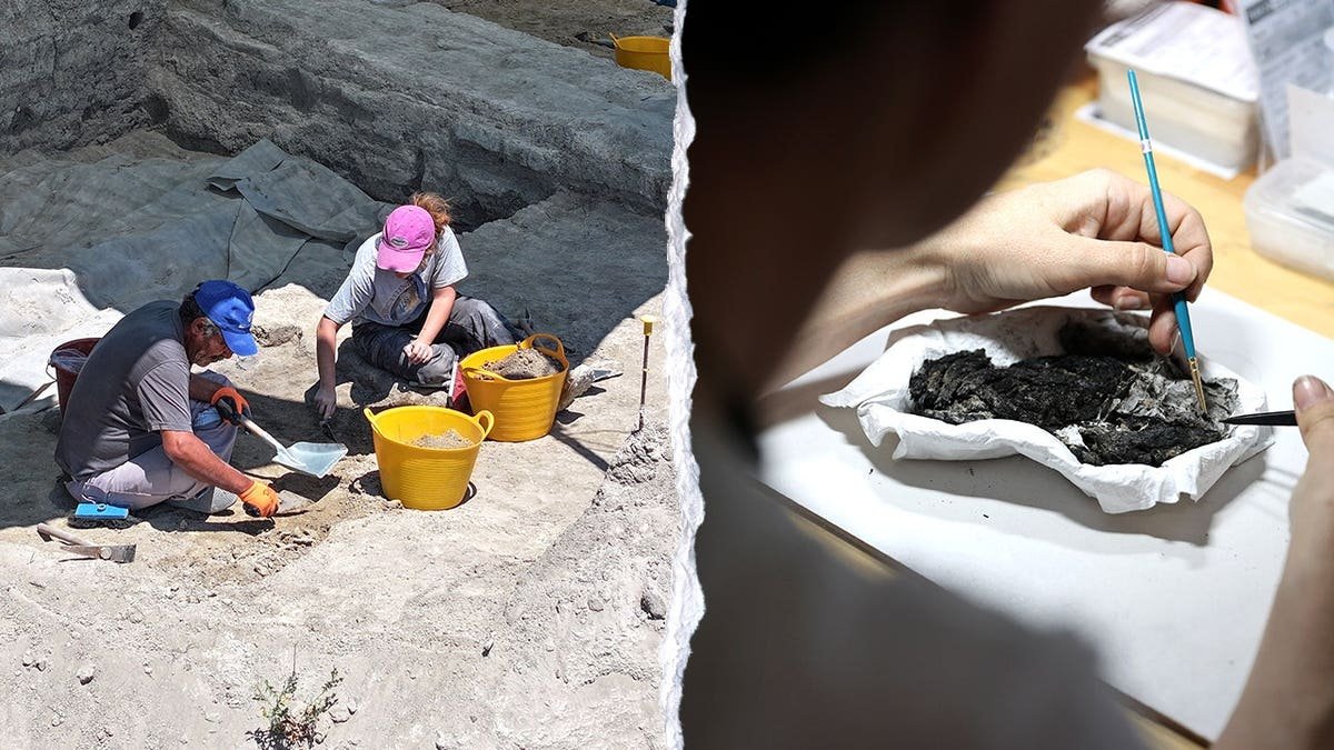 View of archaeologists working, corroded artifact in lab
