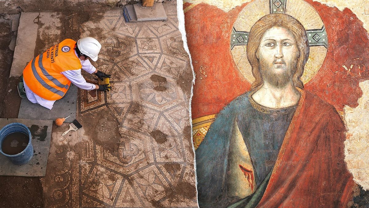 Split image of archaeologist working, painting of Jesus