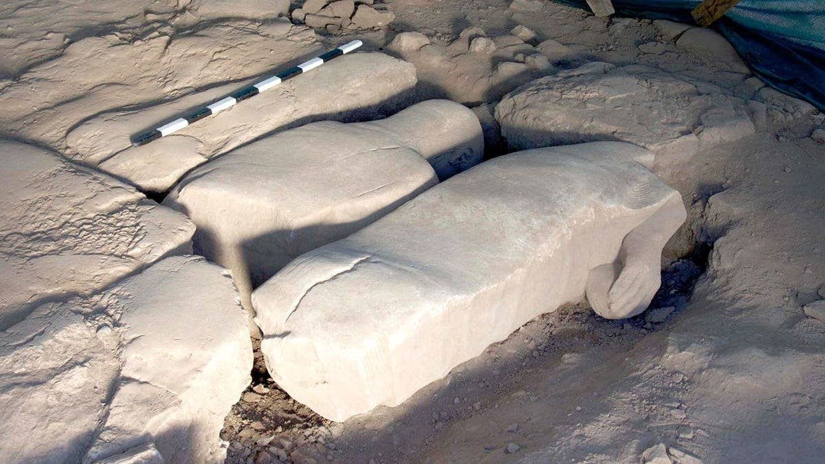 Statue laying face-down at excavation site