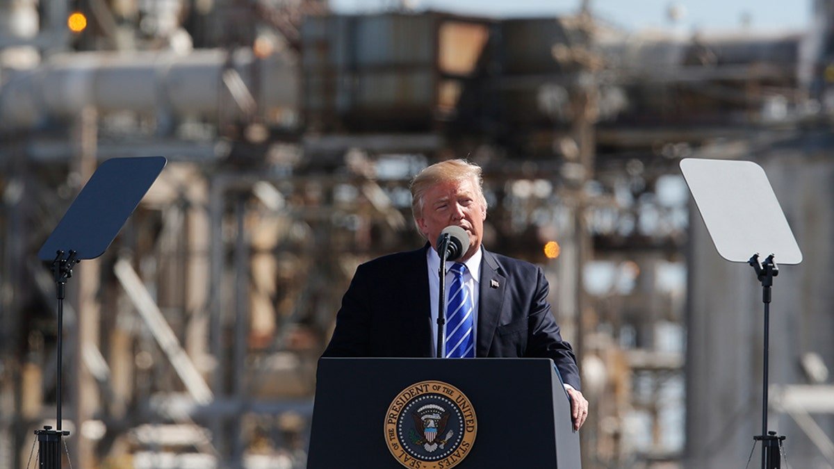 U.S. President Donald Trump addresses tax reform event at Andeavor Refinery in Mandan, North Dakota in Manden, North Dakota