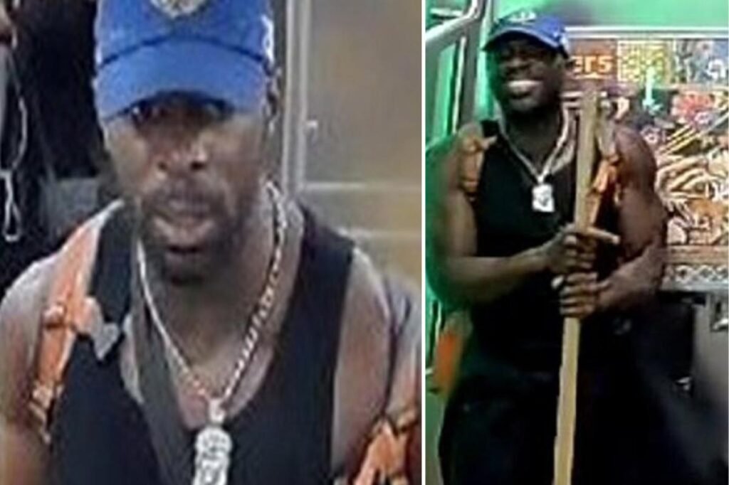 Smiling nut whacks straphanger with gardening tool on NYC subway Smiling nut whacks straphanger with gardening tool on NYC subway