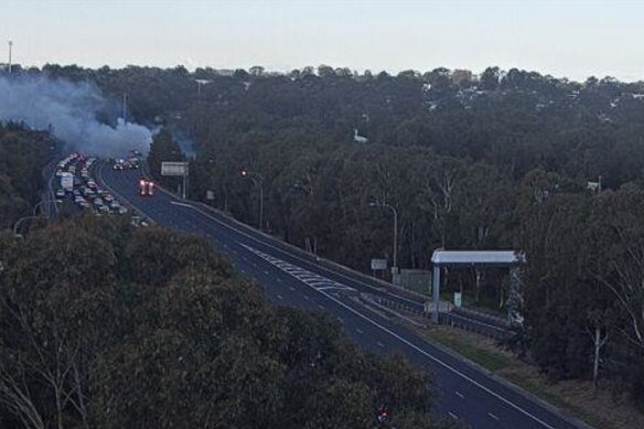 Emergency services respond to a garbage truck on fire on the M5 motorway.