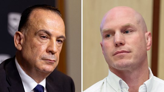 At odds … Acting NRL chief executive Peter V’landys and independent senator David Pocock.