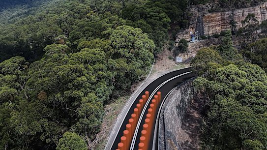 A render of 15- to 20-metre piles that will support the bridge structure over the Mitchell’s Causeway which was built by convicts almost 200 years ago. 