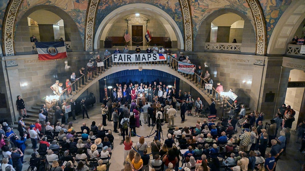 Missouri Sen. Doug Beck speaks during a press conference inside the Capitol rotunda.