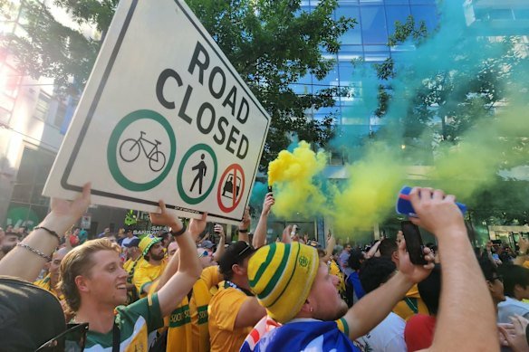 Socceroos fans on their way to BC Place in Vancouver for the Australia v Turkiye FIFA World Cup match on June 14.