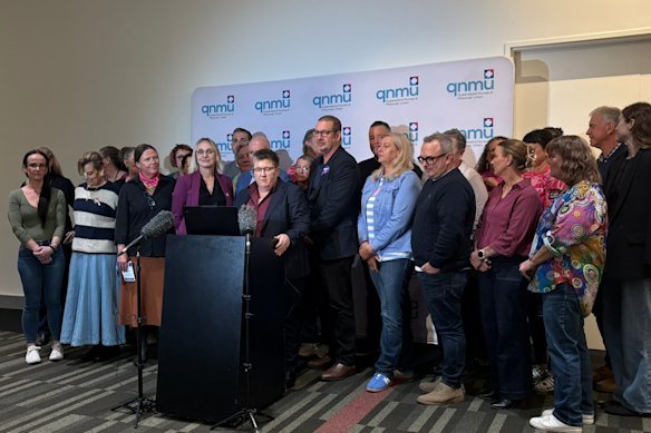 Secretary of the Queensland Nurses and Midwives’ Union Sarah Beaman (centre) with members of its council.