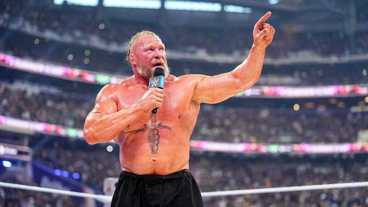 Brock Lesnar speaks during SummerSlam at U.S. Bank Stadium.