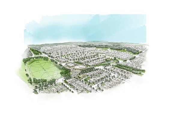 An artist impression of a proposed new Karnup development, which is expected to bring thousands of new residents to the suburb south of Perth requiring access to rail.