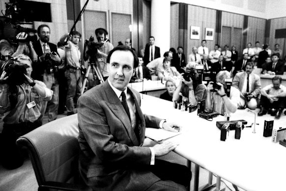 Paul Keating speaks to the media at Parliament House, Canberra, on December 19, 1991, after successfully challenging Bob Hawke for the leadership.