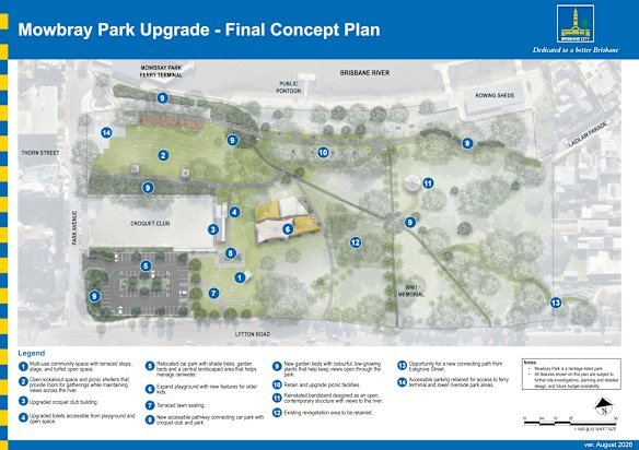 Brisbane City Council’s plan for the heritage-listed 4.4-hectare Mowbray Park in East Brisbane. 