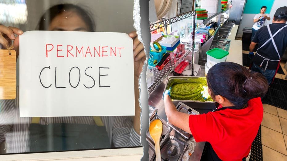 Small business workers and closure sign