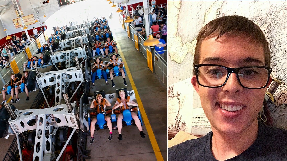 split photo of Christopher Hawley smiles and X2 ride