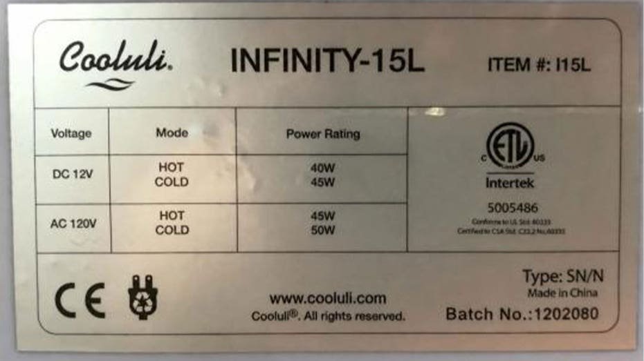 Label inside a Cooluli Infinity 15L minifridge showing its model and batch number