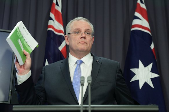 Scott Morrison, as treasurer in 2018, explains his new GST system at a press conference.